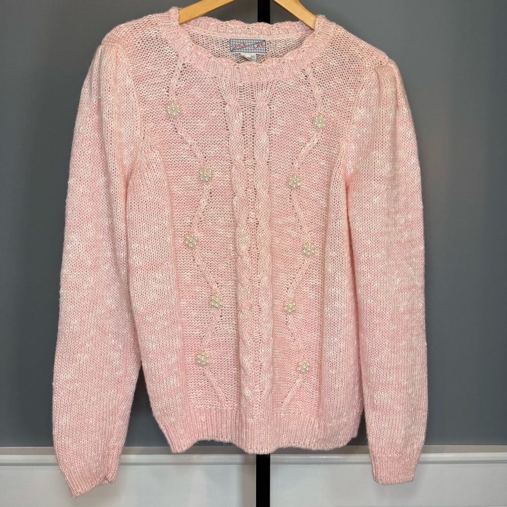Vintage Grannycore Sweater Size Large Spice‎ Of Life Crochet Pink pearl detail